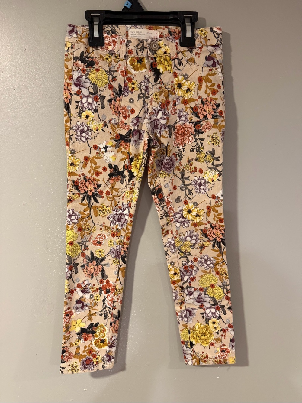 Zara Beige Floral Stretch Pants with Yellow, Purple, Pink, Green & Black Accents